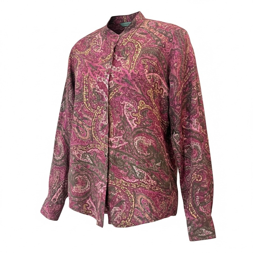 Ralph‎ Lauren Paisley Button Down Blouse Womens M Burgundy Workwear Office